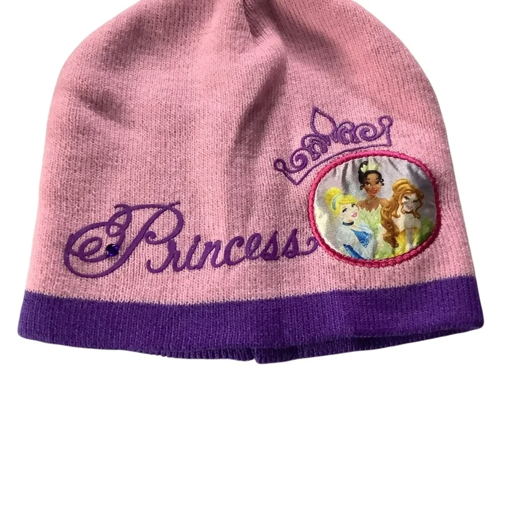 Disney Princess Girls Knit Beanie Hat Kid Size‎ Pink Purple Embroidered Crown